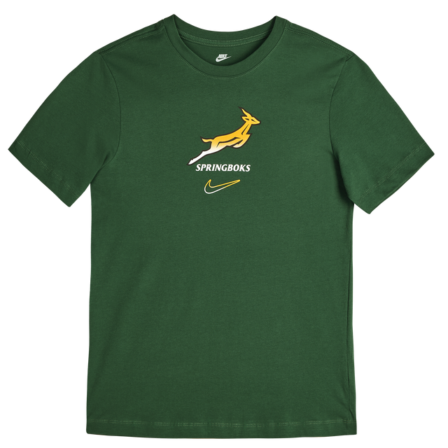 The Nike Springboks 26/27 Gradient Logo T-Shirt features a yellow springbok logo, "SPRINGBOKS" text, and a yellow Nike swoosh—a classic South Africa rugby shirt.