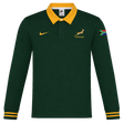 The Nike Springboks 26/27 Classic Long Sleeve Home Jersey features a green design, yellow collar, Springboks logo, and SA flag patch—perfect as the team’s official home jersey.