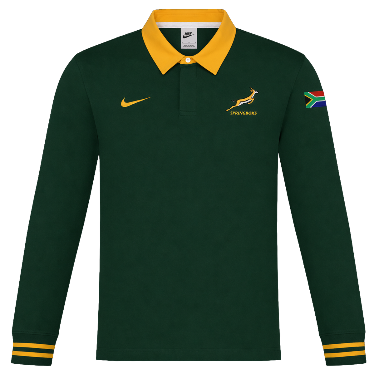 The Nike Springboks 26/27 Classic Long Sleeve Home Jersey features a green design, yellow collar, Springboks logo, and SA flag patch—perfect as the team’s official home jersey.