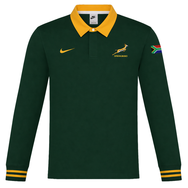 The Nike Springboks 26/27 Classic Long Sleeve Home Jersey features a green design, yellow collar, Springboks logo, and SA flag patch—perfect as the team’s official home jersey.