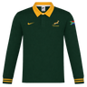 The Nike Springboks 26/27 Classic Long Sleeve Home Jersey features a green design, yellow collar, Springboks logo, and SA flag patch—perfect as the team’s official home jersey.