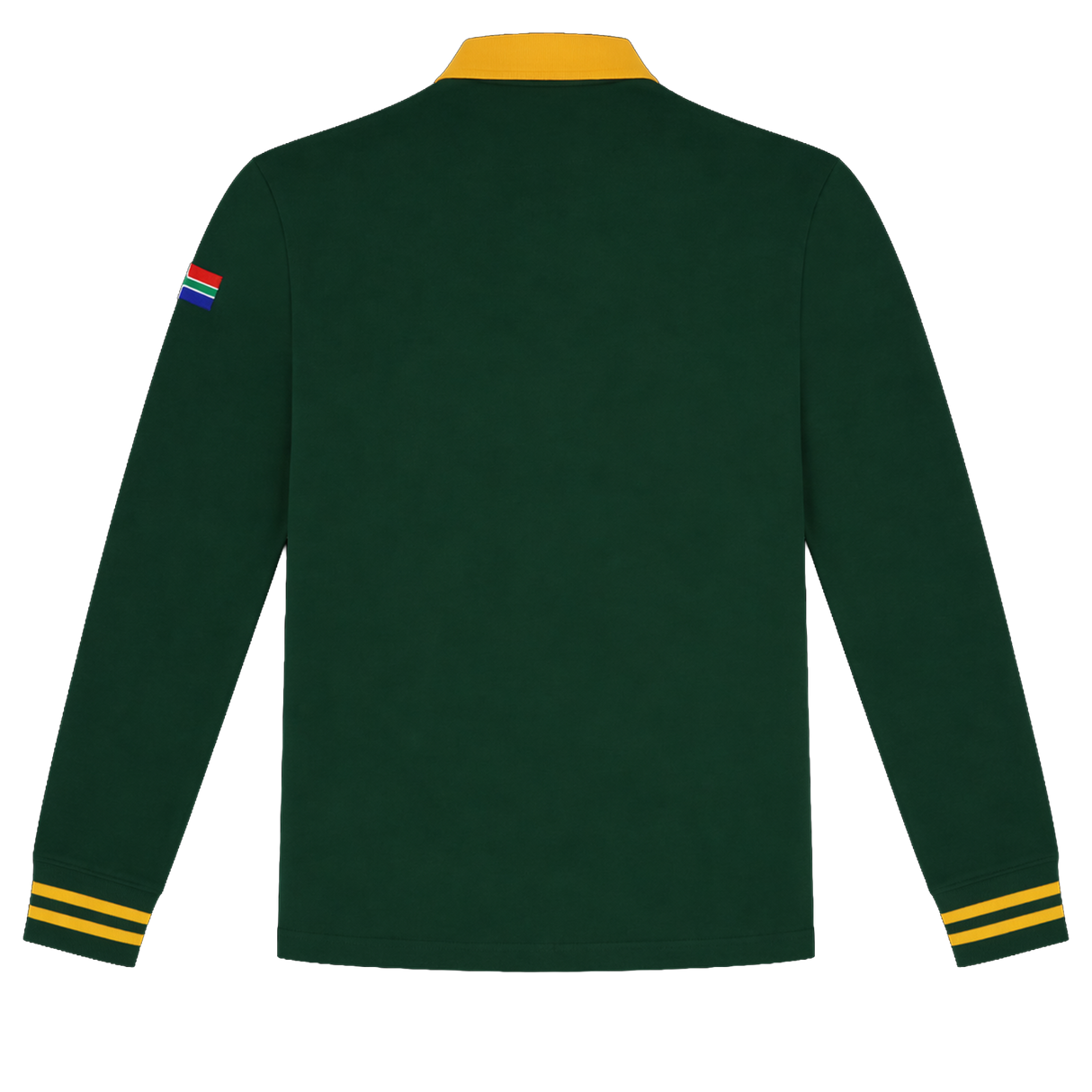 The Nike Springboks 26/27 Classic Long Sleeve Home Jersey features a green design with yellow collar and cuffs, plus a small flag patch on the left sleeve; shown from the back.
