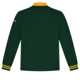 The Nike Springboks 26/27 Classic Long Sleeve Home Jersey features a green design with yellow collar and cuffs, plus a small flag patch on the left sleeve; shown from the back.