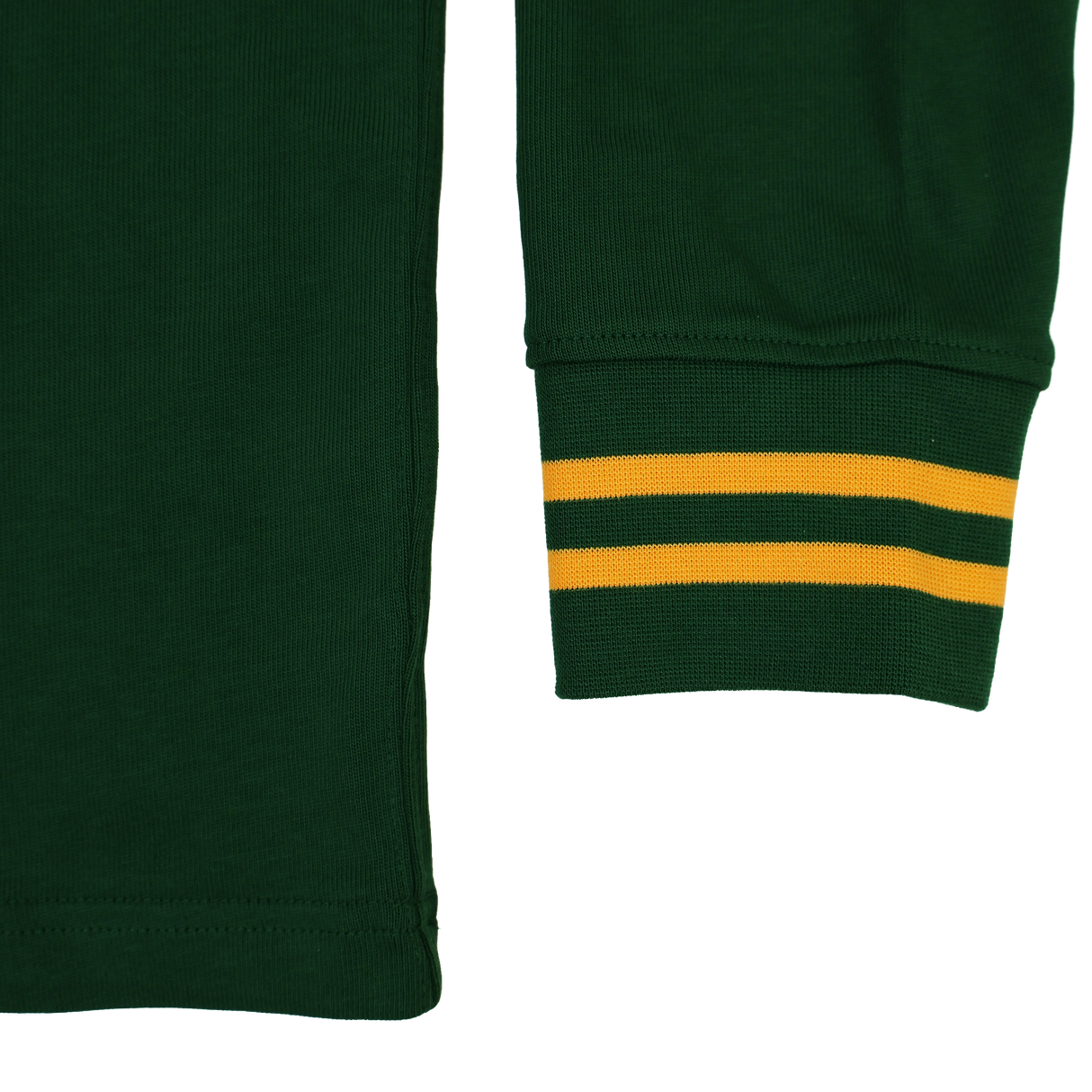 Close-up of the Nike Springboks 26/27 Classic Long Sleeve Home Jersey, dark green with yellow double-striped cuffs.