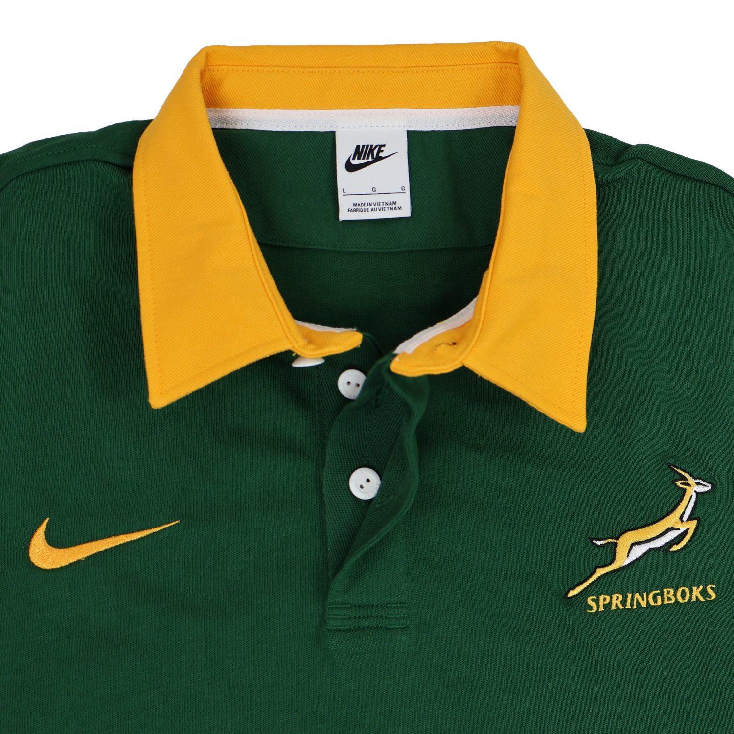 The Springboks 26/27 Classic Long Sleeve Home Jersey by Nike features a green design with a yellow collar, iconic Nike logo, and Springboks emblem—a must-have rugby shirt for South African fans.