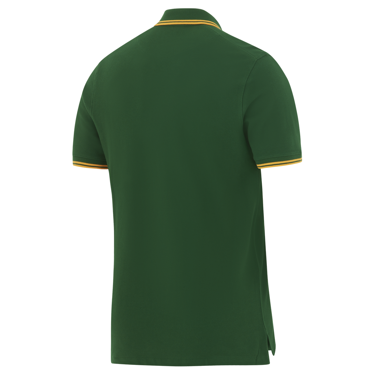 The Springboks 26/27 Pique Polo by Nike features green fabric with yellow trim on the collar and sleeves, shown from the back against a white background—ideal for South African rugby fans.