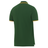 The Springboks 26/27 Pique Polo by Nike features green fabric with yellow trim on the collar and sleeves, shown from the back against a white background—ideal for South African rugby fans.
