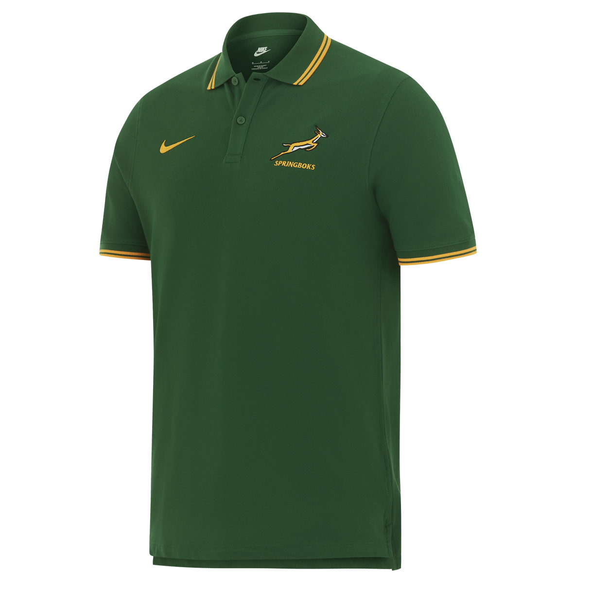 The Nike Springboks 26/27 Pique Polo is a green short-sleeve polo with yellow trim, featuring the Nike logo and Springboks emblem on the chest—ideal for South African rugby fans.