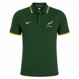 The Springboks 26/27 Pique Polo by Nike is a green polo with yellow trim, featuring the Springboks logo on the left chest and a Nike swoosh on the right—ideal for South African rugby fans.