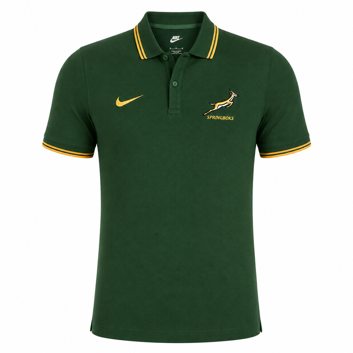 The Springboks 26/27 Pique Polo by Nike is a green polo with yellow trim, featuring the Springboks logo on the left chest and a Nike swoosh on the right—ideal for South African rugby fans.