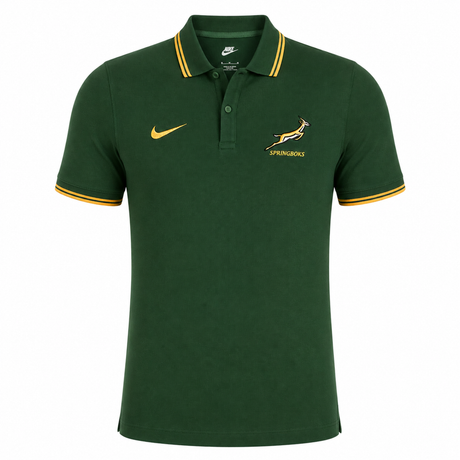 The Springboks 26/27 Pique Polo by Nike is a green polo with yellow trim, featuring the Springboks logo on the left chest and a Nike swoosh on the right—ideal for South African rugby fans.