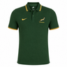 The Springboks 26/27 Pique Polo by Nike is a green polo with yellow trim, featuring the Springboks logo on the left chest and a Nike swoosh on the right—ideal for South African rugby fans.
