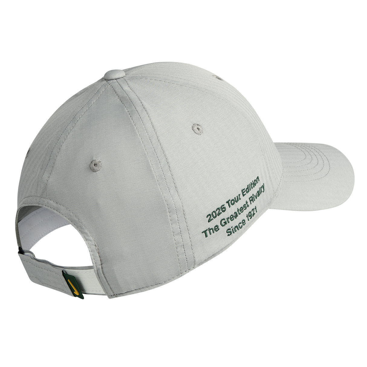 Sure! Here’s a revised version of the sentence using your product data: The Springboks 26/27 RGR Legacy 91 Club Cap by Nike features a light gray design inspired by the iconic Legacy 91 silhouette, with green embroidered text on the side reading “2026 Tour Edition The Greatest Rivalry Since 1921.” Celebrating rugby’s legendary rivalry, this Nike cap includes an adjustable strap at the back.