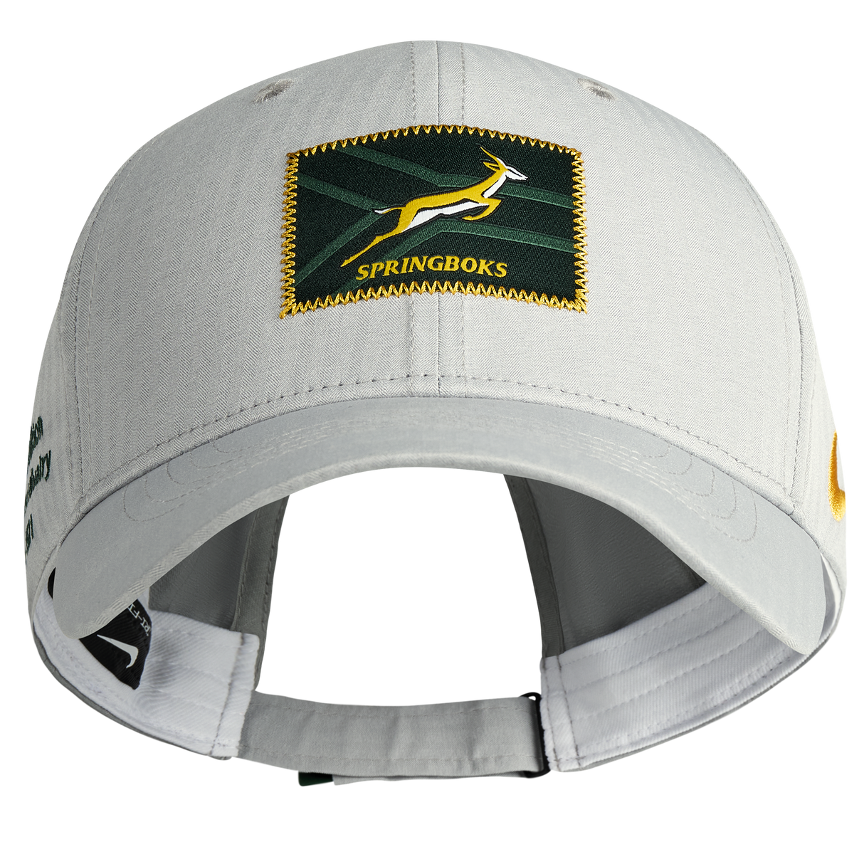Introducing the Springboks 26/27 RGR Legacy 91 Club Cap by Nike—a gray baseball cap featuring a green and yellow Springboks logo patch on the front, a yellow Nike logo on the side, and an adjustable strap at the back. This classic cap is perfect for showcasing your rugby rivalry spirit.