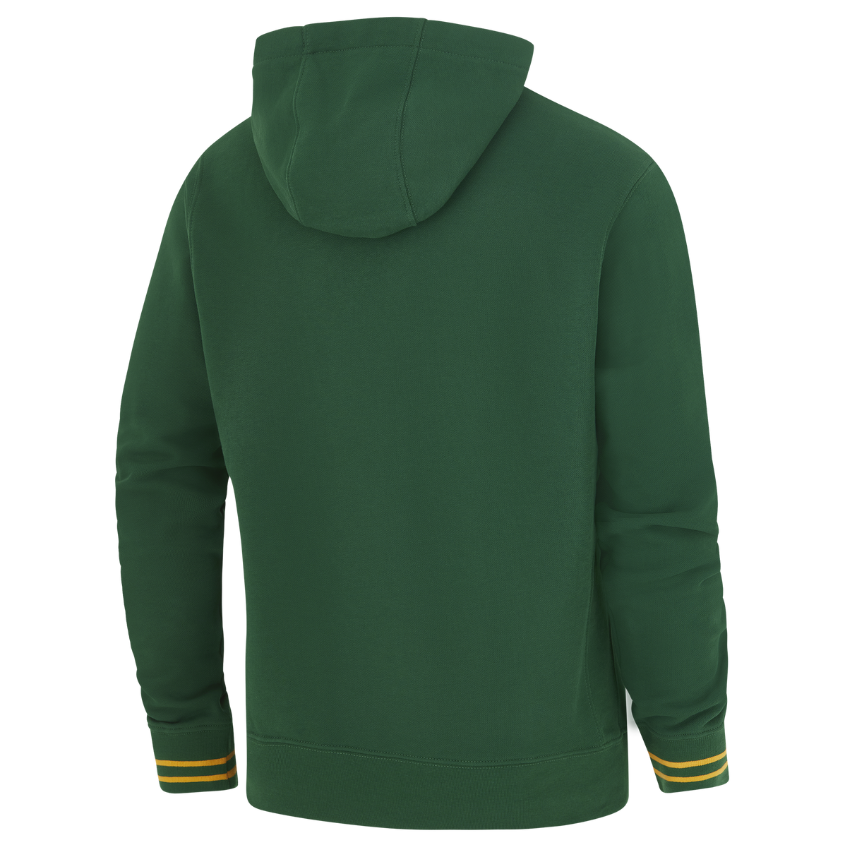 The Nike Springboks 26/27 Pullover Hoodie features a green design with yellow and green striped sleeve cuffs, shown from the back—perfect for any South Africa rugby fan.