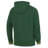 The Nike Springboks 26/27 Pullover Hoodie features a green design with yellow and green striped sleeve cuffs, shown from the back—perfect for any South Africa rugby fan.