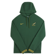 The Nike Springboks 26/27 Pullover Hoodie features yellow accents, a Springboks emblem, and a Nike logo on the chest. This green hoodie has a front pocket—perfect for South Africa rugby fans.