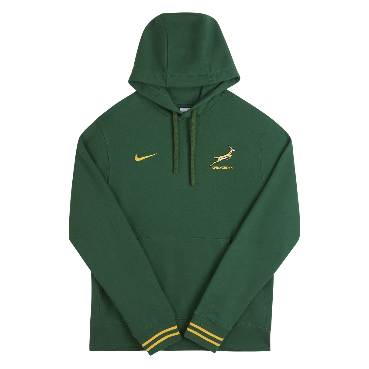 The Nike Springboks 26/27 Pullover Hoodie features yellow accents, a Springboks emblem, and a Nike logo on the chest. This green hoodie has a front pocket—perfect for South Africa rugby fans.