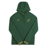 The Nike Springboks 26/27 Pullover Hoodie features yellow accents, a Springboks emblem, and a Nike logo on the chest. This green hoodie has a front pocket—perfect for South Africa rugby fans.