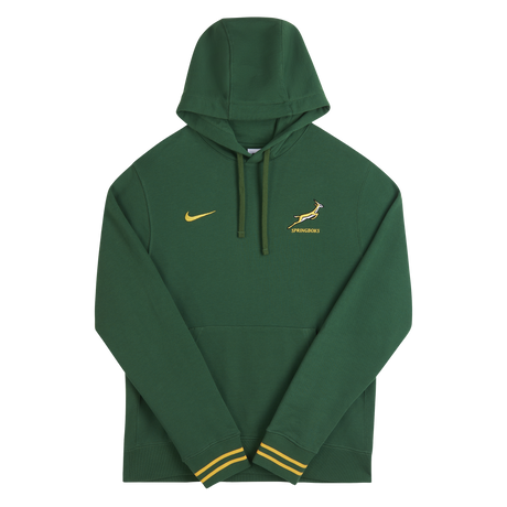 The Nike Springboks 26/27 Pullover Hoodie features yellow accents, a Springboks emblem, and a Nike logo on the chest. This green hoodie has a front pocket—perfect for South Africa rugby fans.