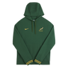 The Nike Springboks 26/27 Pullover Hoodie features yellow accents, a Springboks emblem, and a Nike logo on the chest. This green hoodie has a front pocket—perfect for South Africa rugby fans.