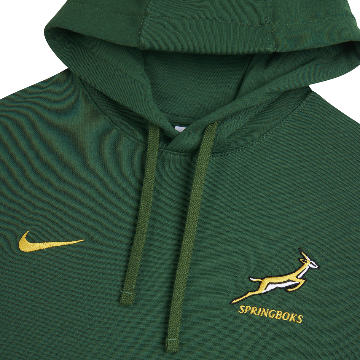 The Springboks 26/27 Pullover Hoodie by Nike is a green pullover with a yellow Nike logo, the South Africa rugby team’s Springboks logo, and "SPRINGBOKS" text below.
