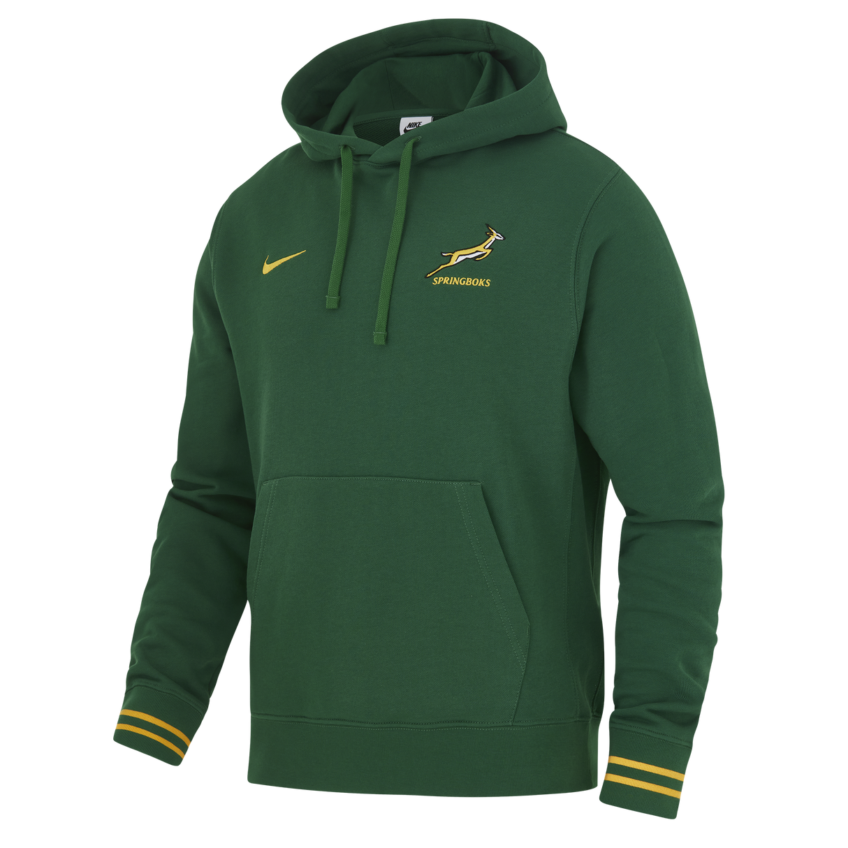 The Nike Springboks 26/27 Pullover Hoodie is green with yellow accents, a kangaroo pocket, iconic Springboks chest emblem, and the Nike logo.