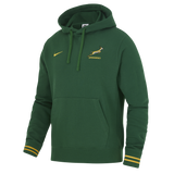 The Nike Springboks 26/27 Pullover Hoodie is green with yellow accents, a kangaroo pocket, iconic Springboks chest emblem, and the Nike logo.