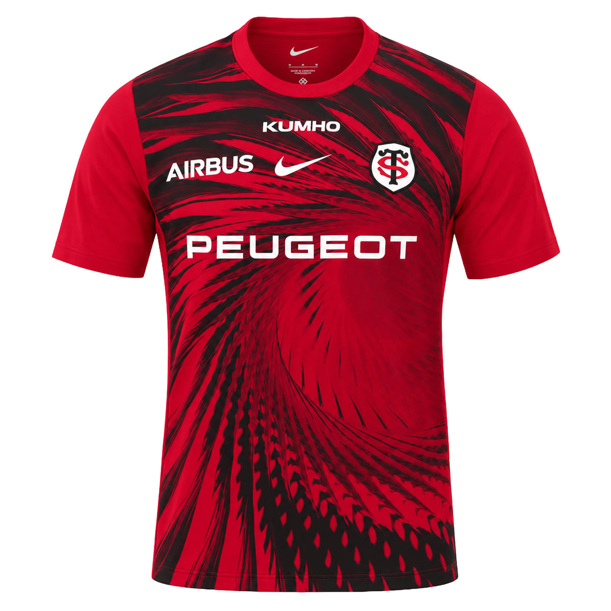 Red and black short-sleeved Stade Toulousain Home Pre-Match SS Top by Nike featuring sponsor logos and a team crest on the chest.