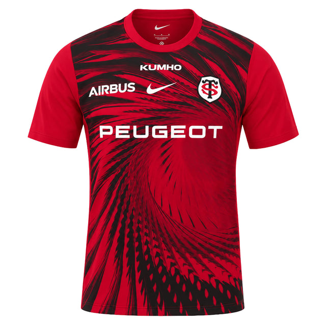 Red and black short-sleeved Stade Toulousain Home Pre-Match SS Top by Nike featuring sponsor logos and a team crest on the chest.
