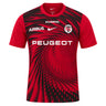 Red and black short-sleeved Stade Toulousain Home Pre-Match SS Top by Nike featuring sponsor logos and a team crest on the chest.