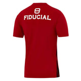 Back view of a red Stade Toulousain Home Pre-Match SS Top by Nike, featuring a white logo and the text “FIDUCIAL” on the upper back.