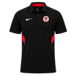 The Stade Toulousain Training Polo by Nike is a black athletic sport shirt featuring a white Nike logo on the right chest, a red and white Stade Toulousain badge on the left chest, and sleek red accents on the sides.