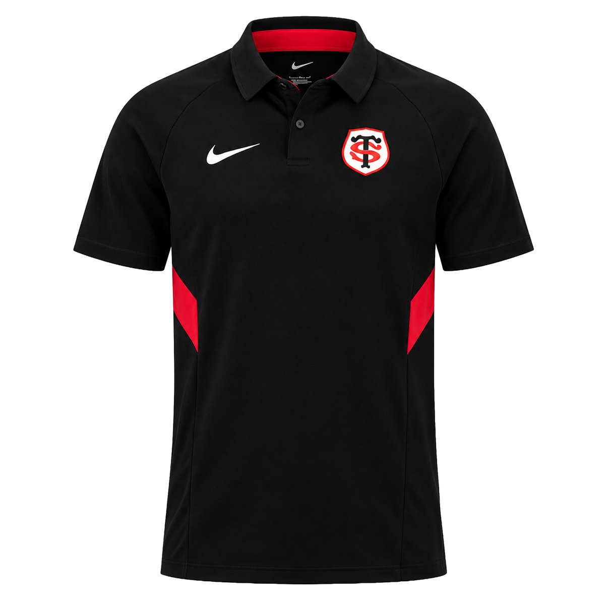 The Stade Toulousain Training Polo by Nike is a black athletic sport shirt featuring a white Nike logo on the right chest, a red and white Stade Toulousain badge on the left chest, and sleek red accents on the sides.