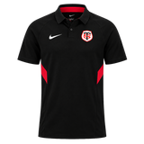 The Stade Toulousain Training Polo by Nike is a black athletic sport shirt featuring a white Nike logo on the right chest, a red and white Stade Toulousain badge on the left chest, and sleek red accents on the sides.