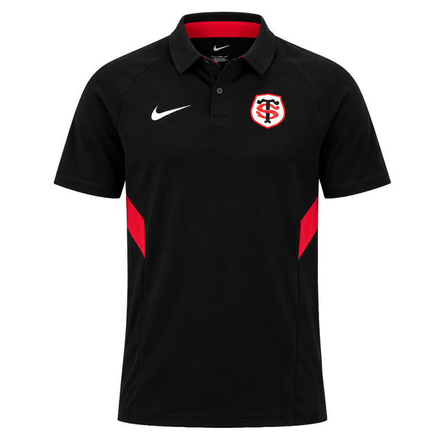 The Stade Toulousain Training Polo by Nike is a black athletic sport shirt featuring a white Nike logo on the right chest, a red and white Stade Toulousain badge on the left chest, and sleek red accents on the sides.