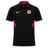 The Stade Toulousain Training Polo by Nike is a black athletic sport shirt featuring a white Nike logo on the right chest, a red and white Stade Toulousain badge on the left chest, and sleek red accents on the sides.