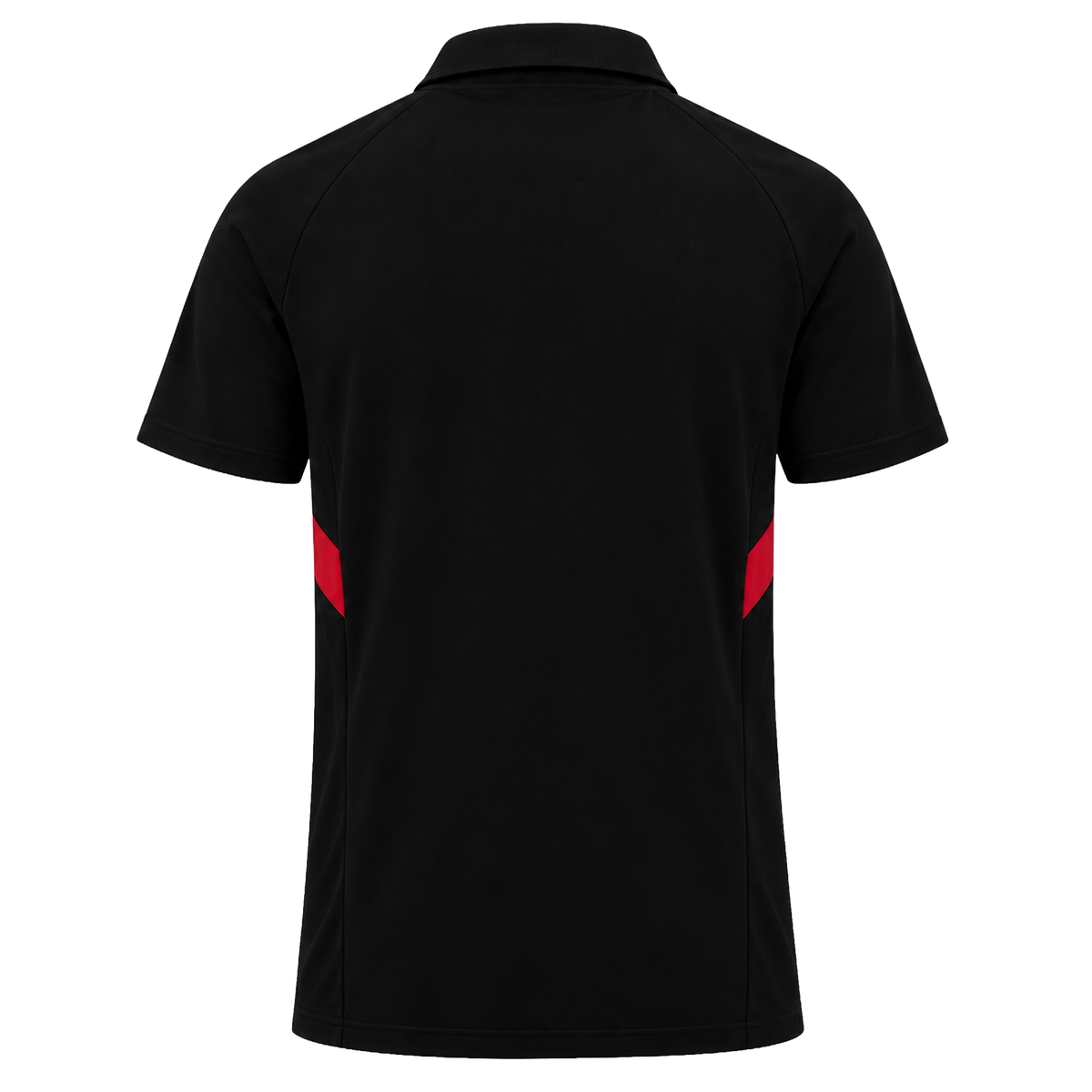 The Stade Toulousain Training Polo by Nike is a black short-sleeve collared shirt, shown from the back with two bold red diagonal stripes on the sides against a plain white background. This athletic sport polo by Nike blends sleek style and comfort, making it ideal for both training sessions and casual wear.