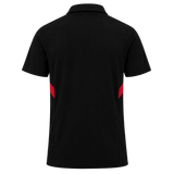 The Stade Toulousain Training Polo by Nike is a black short-sleeve collared shirt, shown from the back with two bold red diagonal stripes on the sides against a plain white background. This athletic sport polo by Nike blends sleek style and comfort, making it ideal for both training sessions and casual wear.