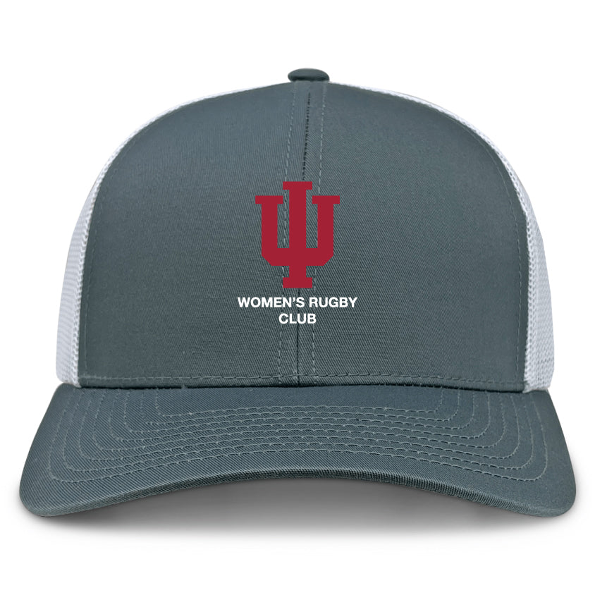 The Indiana University Women Retro Trucker Cap by EMB S&S Activewear features a gray and white design, red "IU" logo, "Women's Rugby Club" front text, and snapback closure.