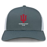The Indiana University Women Retro Trucker Cap by EMB S&S Activewear features a gray and white design, red "IU" logo, "Women's Rugby Club" front text, and snapback closure.