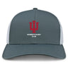 The Indiana University Women Retro Trucker Cap by EMB S&S Activewear features a gray and white design, red "IU" logo, "Women's Rugby Club" front text, and snapback closure.