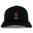 The Indiana University Women Retro Trucker Cap by EMB S&S Activewear is a black and white hat with an embroidered IU logo, "WOMEN'S RUGBY CLUB" text on the front, and a snapback closure for adjustable fit.