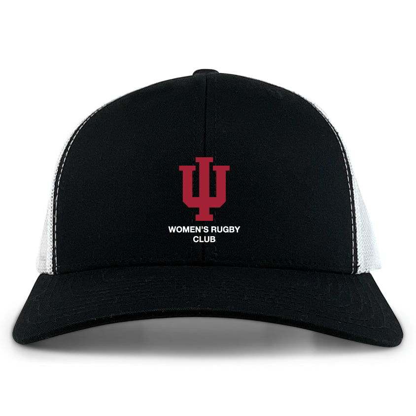 The Indiana University Women Retro Trucker Cap by EMB S&S Activewear is a black and white hat with an embroidered IU logo, "WOMEN'S RUGBY CLUB" text on the front, and a snapback closure for adjustable fit.