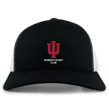 The Indiana University Women Retro Trucker Cap by EMB S&S Activewear is a black and white hat with an embroidered IU logo, "WOMEN'S RUGBY CLUB" text on the front, and a snapback closure for adjustable fit.