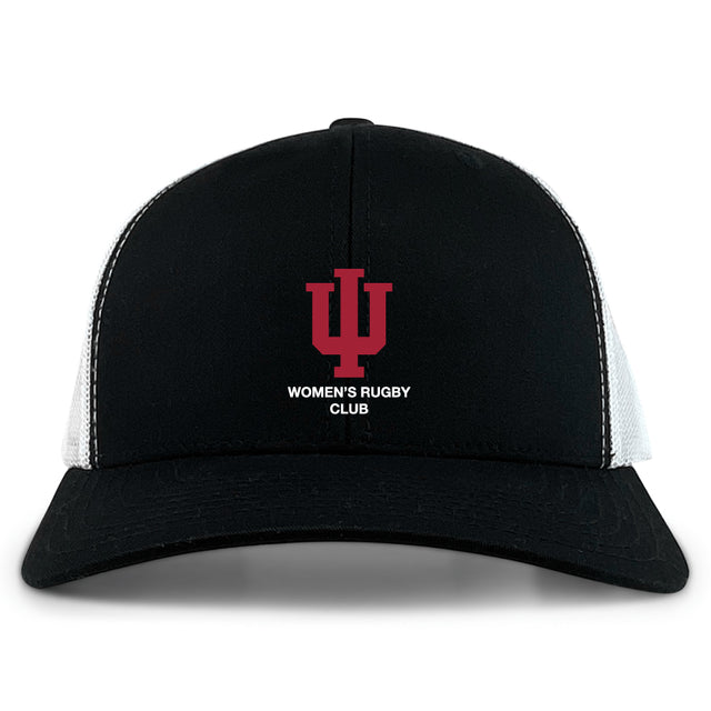 The Indiana University Women Retro Trucker Cap by EMB S&S Activewear is a black and white hat with an embroidered IU logo, "WOMEN'S RUGBY CLUB" text on the front, and a snapback closure for adjustable fit.
