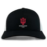 The Indiana University Women Retro Trucker Cap by EMB S&S Activewear is a black and white hat with an embroidered IU logo, "WOMEN'S RUGBY CLUB" text on the front, and a snapback closure for adjustable fit.