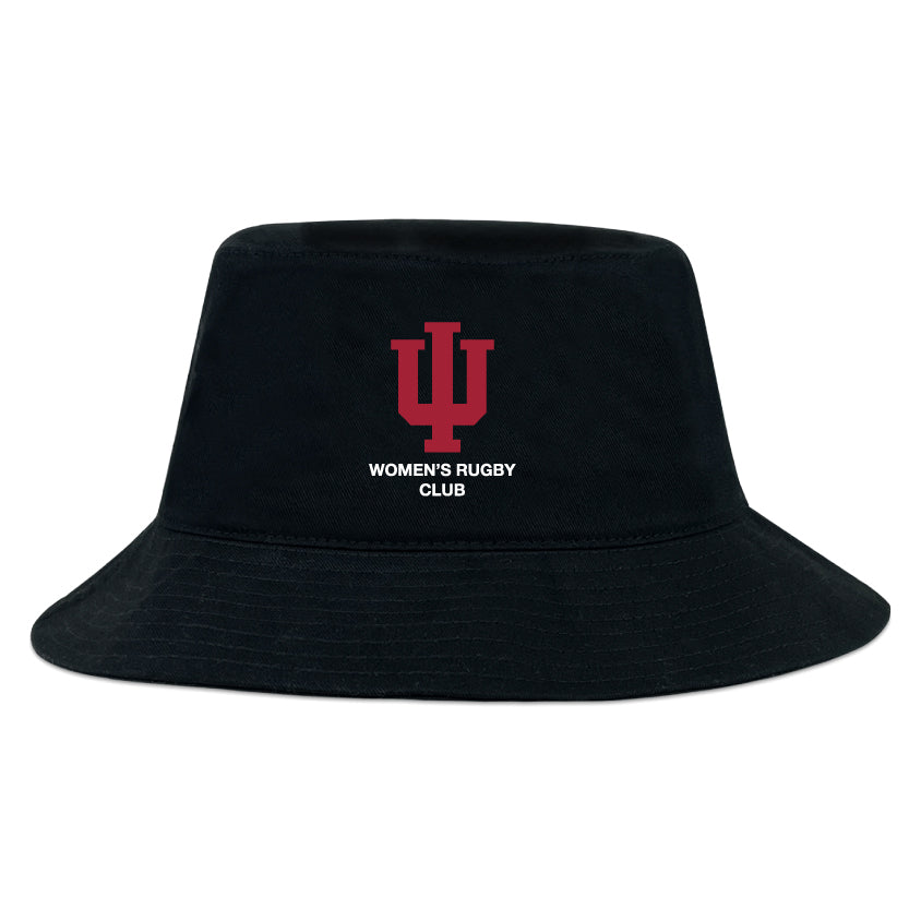 The Indiana University Women Crusher Bucket Cap by EMB S&S Activewear features a black cotton twill design with a red IU logo and "Women's Rugby Club" embroidered on the front, combining style and sun protection.