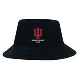 The Indiana University Women Crusher Bucket Cap by EMB S&S Activewear features a black cotton twill design with a red IU logo and "Women's Rugby Club" embroidered on the front, combining style and sun protection.