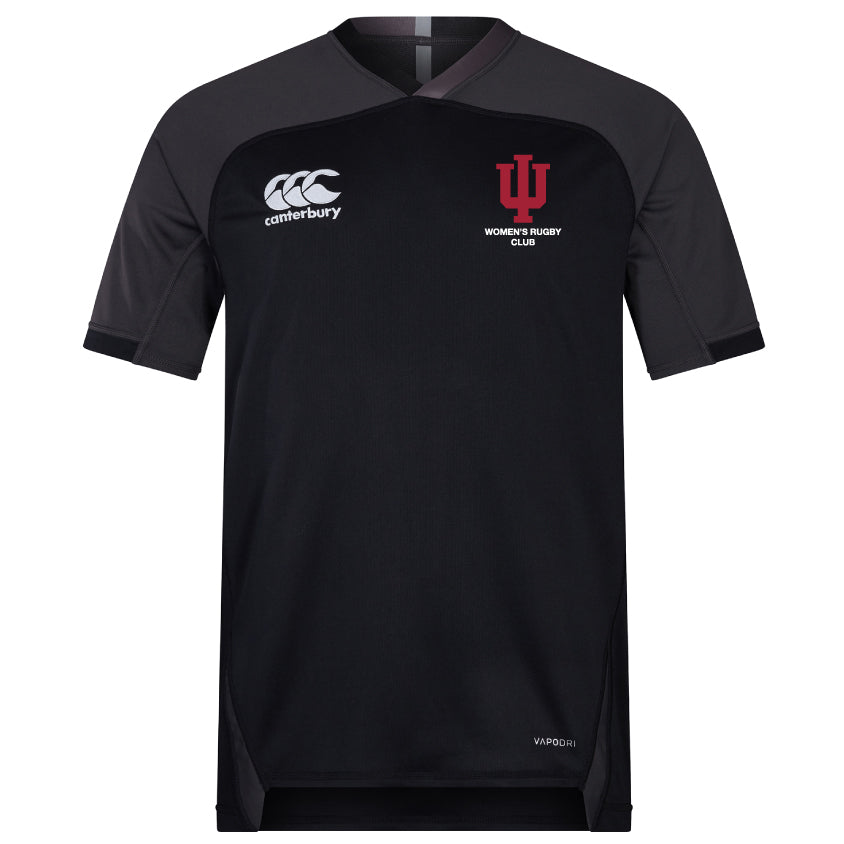 The Indiana University Women Vapodri Evader Jersey by EMB Canterbury is a black short-sleeve rugby top with grey shoulders, moisture-wicking tech, the Canterbury logo on the right chest, and "IU Women's Rugby Club" logo on the left.